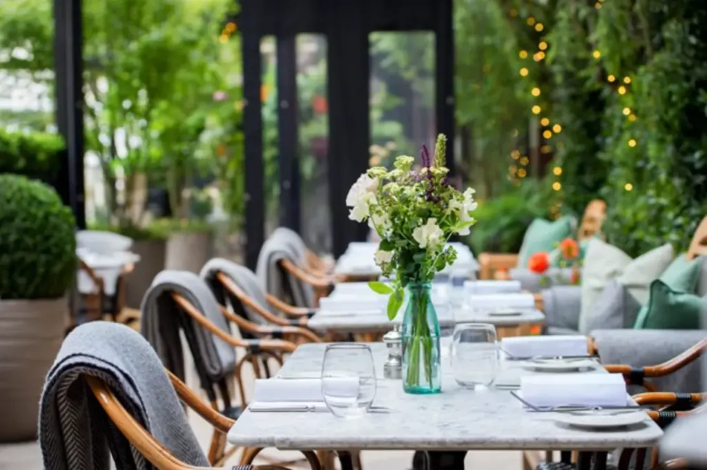 Restaurant terrace table set for dining